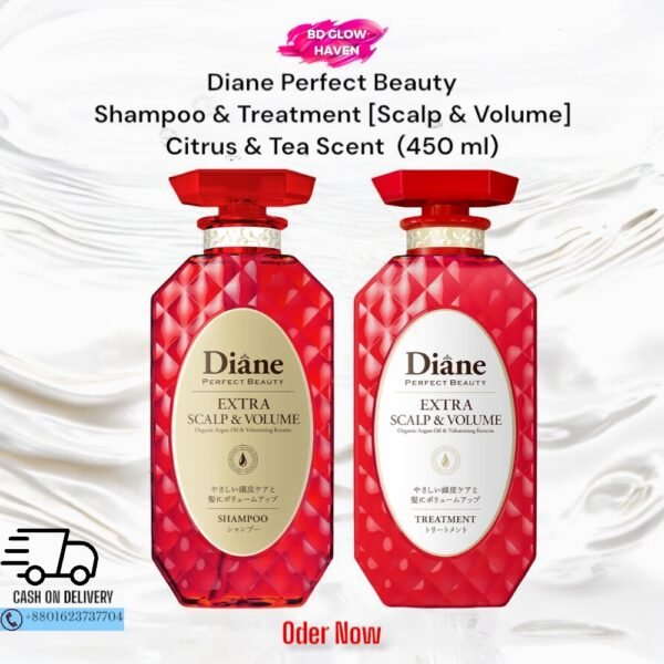 Diane Perfect Beauty Scalp & Volume Shampoo and Treatment Set – 450ml bottles with red diamond pattern and citrus tea scent